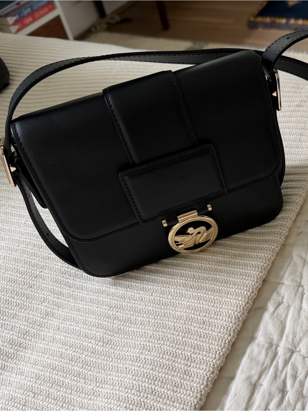 Longchamp Black Leather Crossbody Bag with Gold Hardware